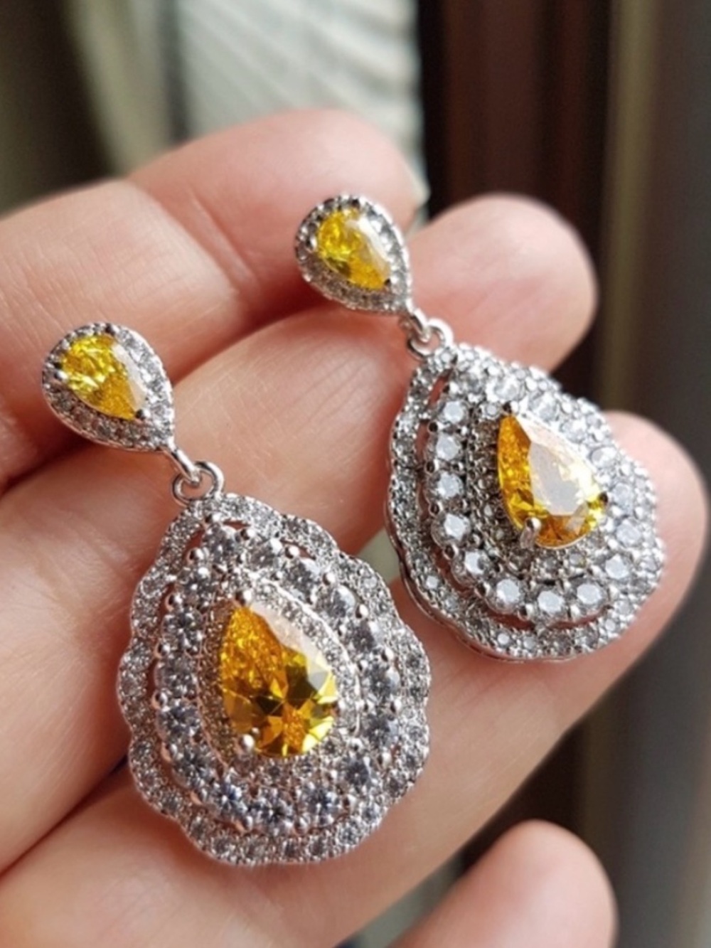 Swarovski Elements 925 Sterling Silver Yellow Citrine Teardrop Earrings NEW